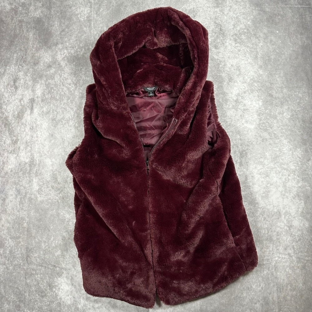Simply Vera Vera Wang Faux Fur Hooded Vest Size M Burgundy Wine Zip Up Fall Cozy